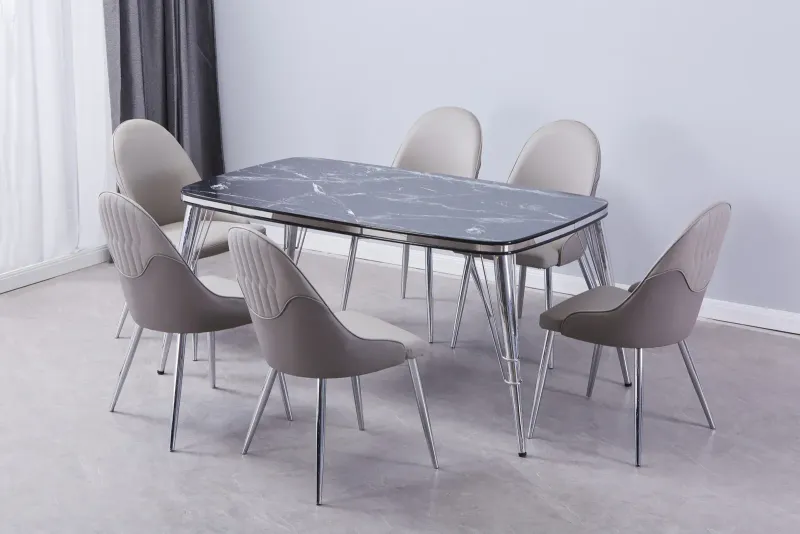 Nova Dining Table With 6 Forma Chairs Grey/Silver and Cream/Gold