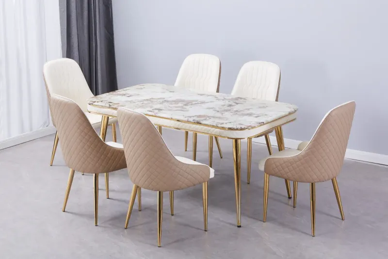 Luxe Dining Table With 6 Forma Chairs Grey/Silver and Cream/Gold