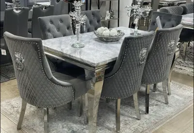 Clara 160cm Grey Marble Dining Table + Hazel Grey Lion Slim Knocker Plush Velvet Chairs