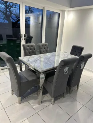Clara 160cm Grey Marble Dining Table + Roxy Grey Lion Slim Knocker Plush Velvet Chairs