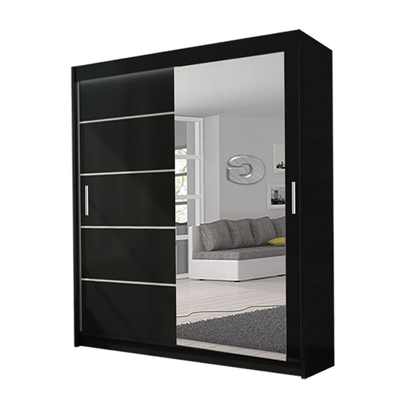 Lyon Black Modern Double Mirror Sliding Door Wardrobe With LED Light