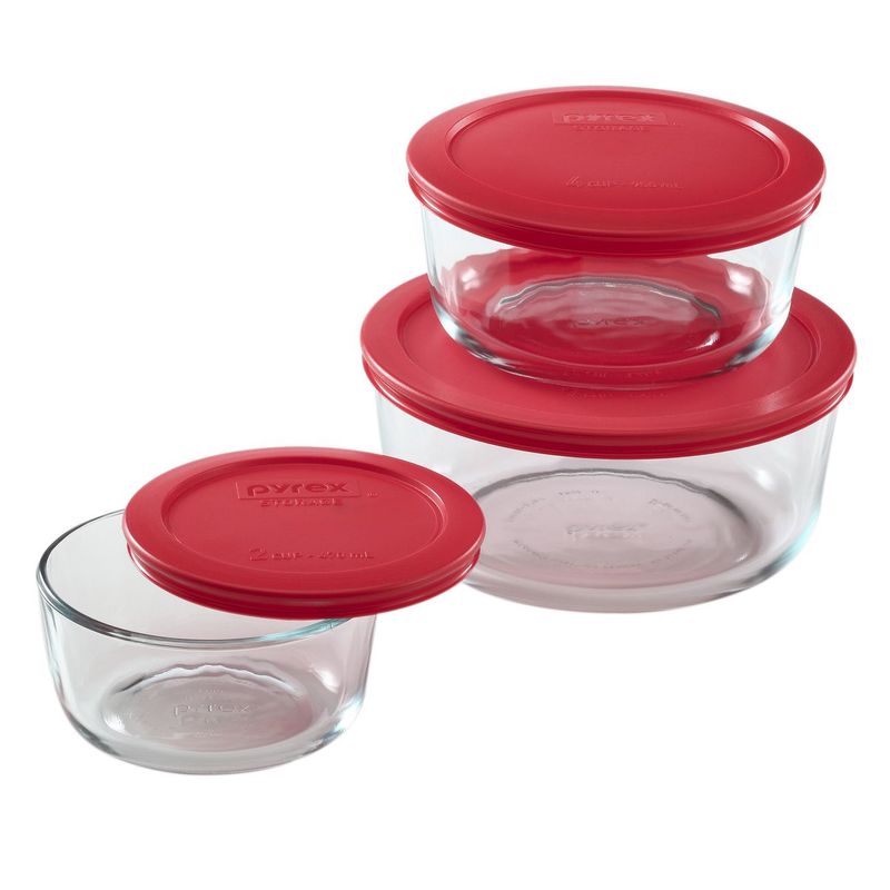 1075458 - Pyrex 6Pc  Glass Storage Round w Red Lid 2C 4C 7C
