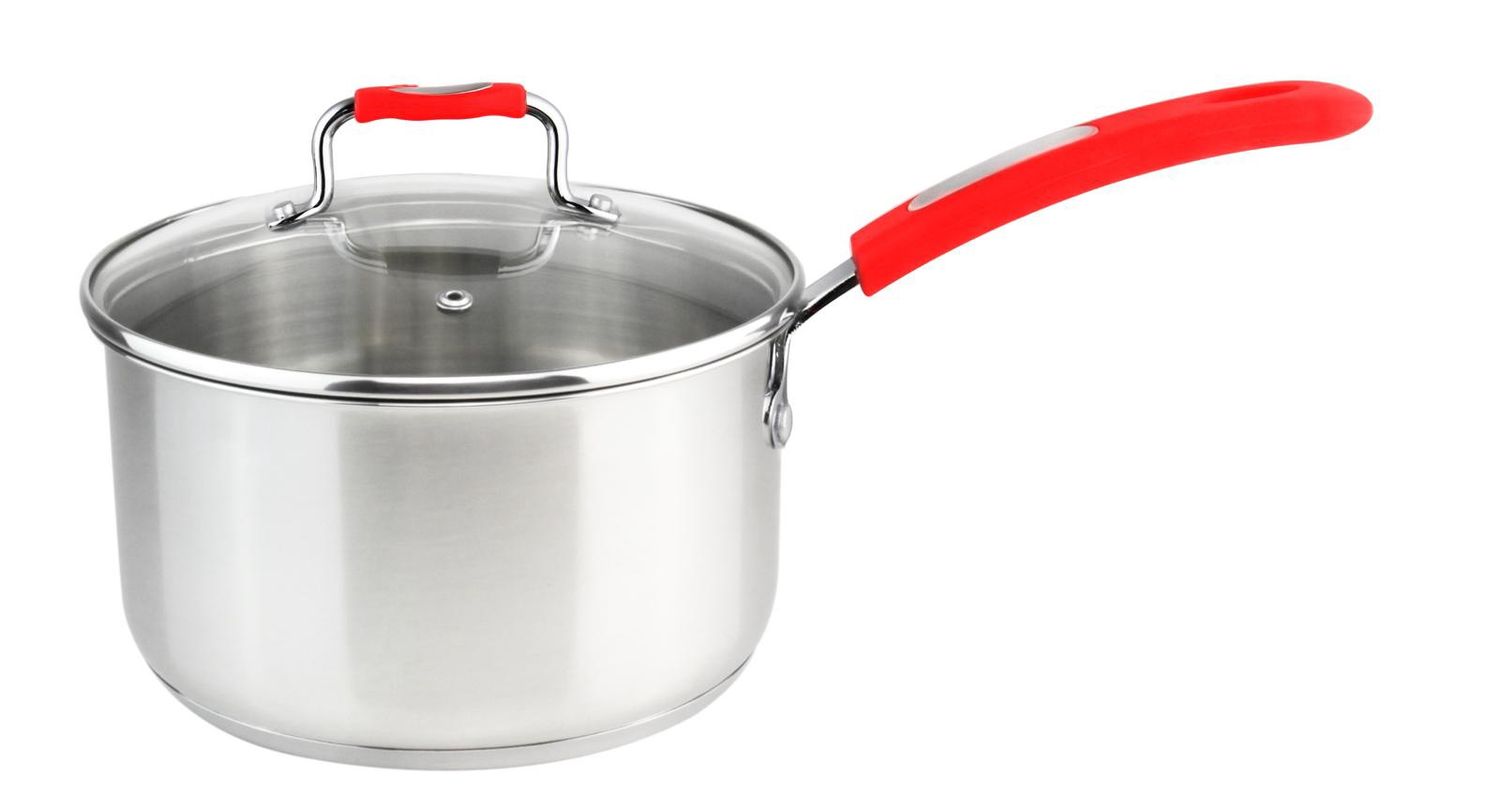 MU-18-SP/R - Millvado-Urban Ss Sauce Pan/W Glass Lid Silicone Handles, Red, 2.4 Qt, 7&quot;&quot;X3.5&quot;&quot;