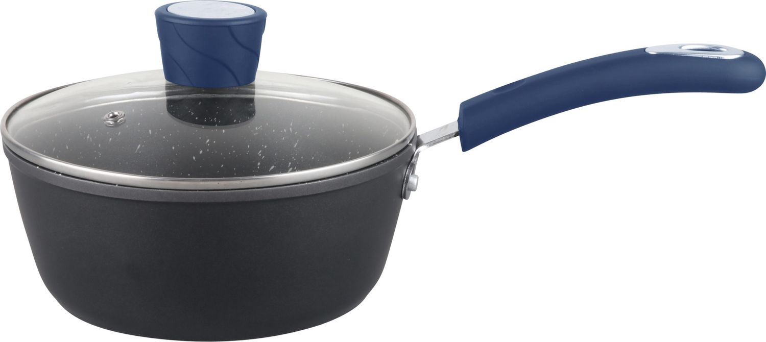 MR-16-B - Millvado - Rainbow Blue, Non Stick Sauce Pan/W Glass Lid, Soft Grip Handle 1.25 Qt