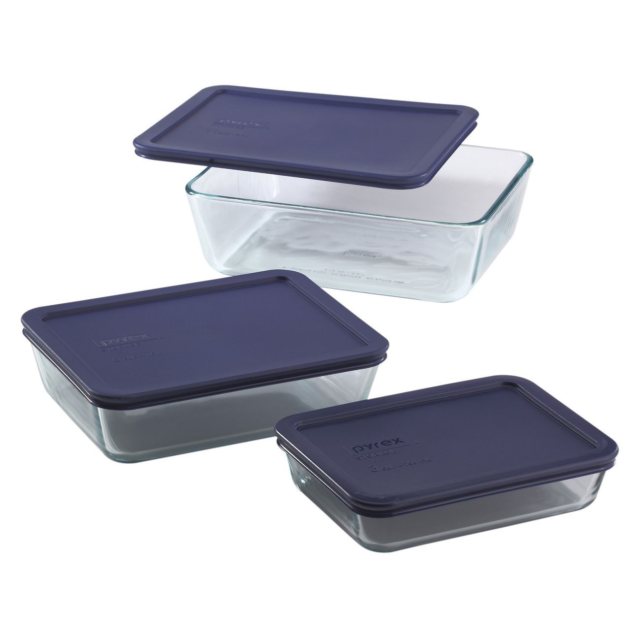6004023 - Pyrex 6pc Set Rectangle Glass Food Storage w Blue Lid
