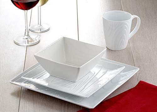 77835347 - Trudeau - Woodgrain Square Fine Porcelain, 16 Pc Dinnerware Set,