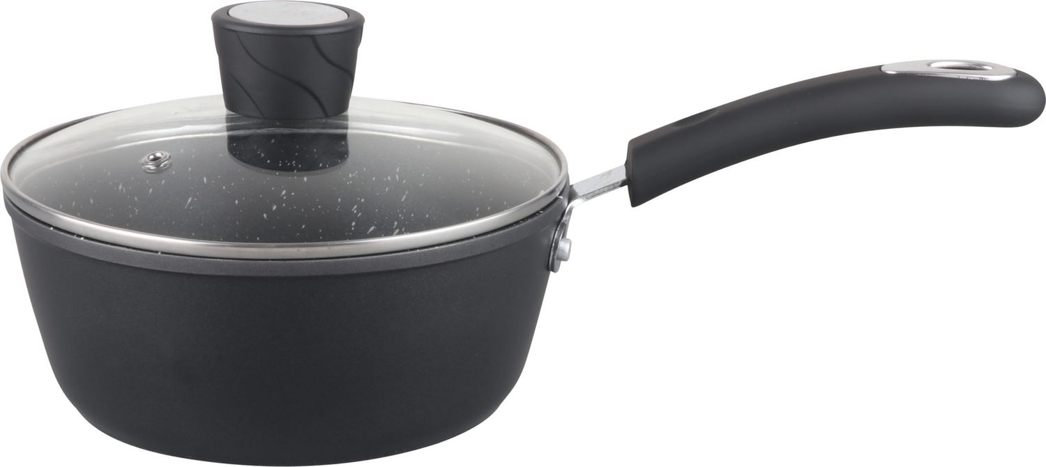 MR-16-BK - Millvado - Rainbow Black, Non Stick Sauce Pan/W Glass Lid, Soft Grip Handle 1.25 Qt