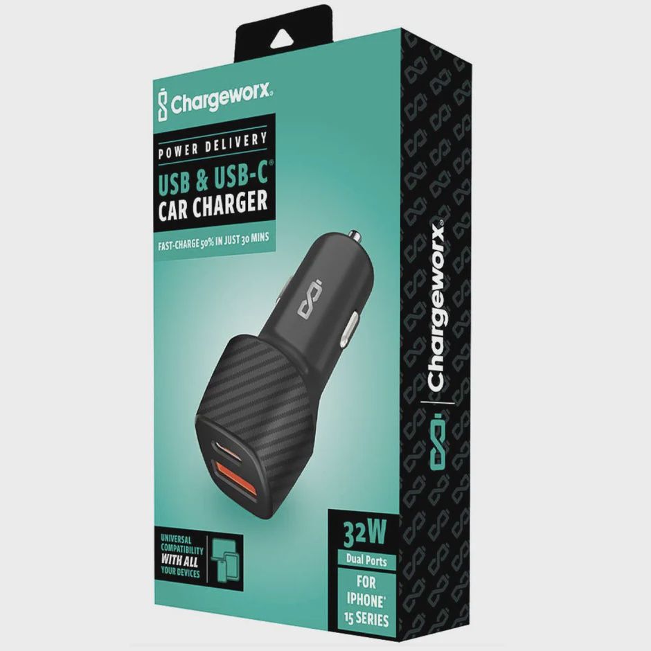 CHA-CX3091BK - PD Car Charger Dual Port 30W USB-C &amp; USB-A Black/Silver