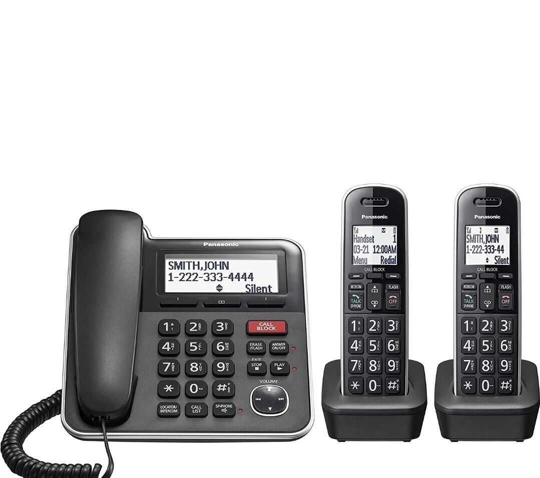 PANKXTGB852B - Panasonic Corded/Cordless Phone, Base Unit with 2 Handsets - Black
