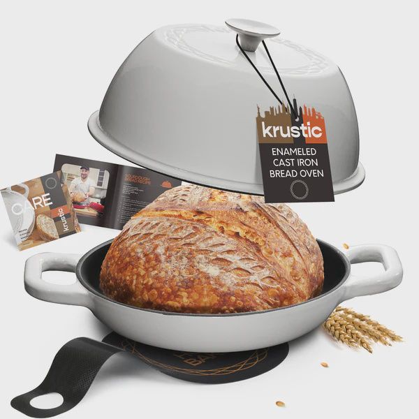 KR2001- WHITE - Krustic 6 QT Round Enameled Cast Iron Dutch Oven White,  with silicone backing mat