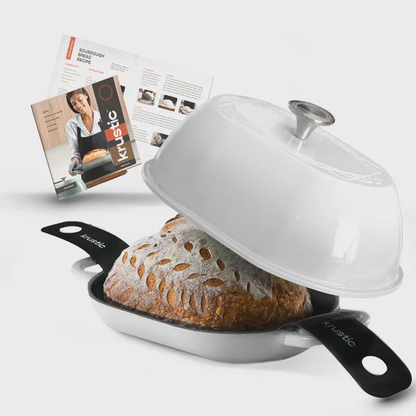 KR3001-WHITE - Krustic 5.5 QT Oval Enameled Cast Iron Dutch Oven White ,with silicone backing mat