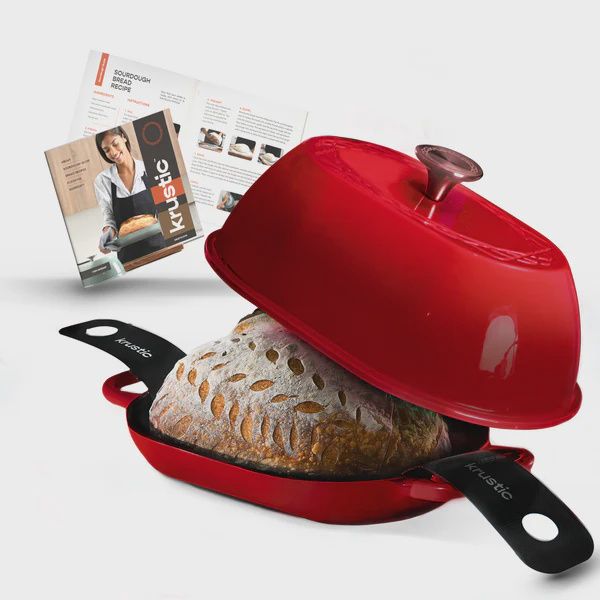 KR3001-RED - Krustic 5.5 QT Oval Enameled Cast Iron Dutch Oven Red ,with silicone backing mat