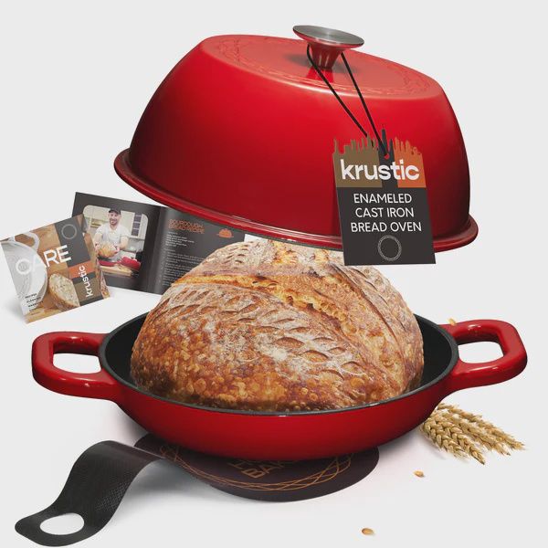 KR2001-RED - Krustic 6 QT Round Enameled Cast Iron Dutch Oven Red, with silicone backing mat