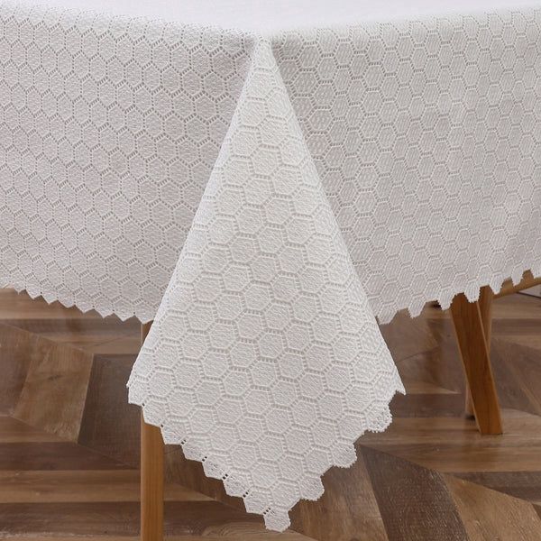 TC1725L-6090 - Tablecloth White Lace Mini Hexagon Lined 60&quot; x 90&quot;