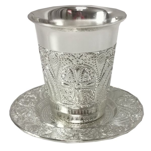 KC-CA21351 - Kiddush Cup With Plate 3&quot;H Circle Ribbon Design Silver