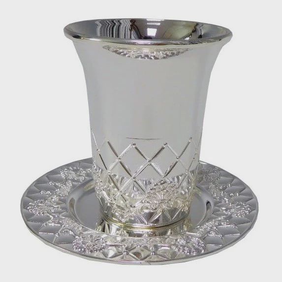 KC-CA21372 - Kiddush Cup With Plate 3&quot;H Half Diamond Design Silver Plated