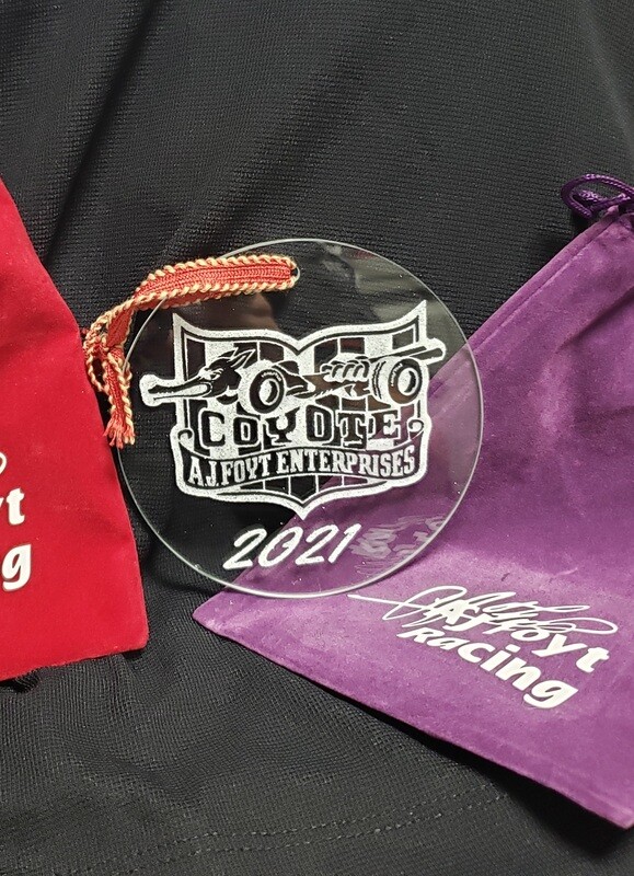 AJ Foyt Racing Coyote Logo Etched Glass Christmas Ornament 2021