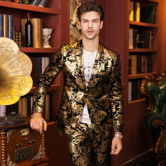 Fashion Autumn Winter Luxury Men Suits Gold Velvet Blazer Trousers Slim Fit Party Costume Homme Wedding Dress