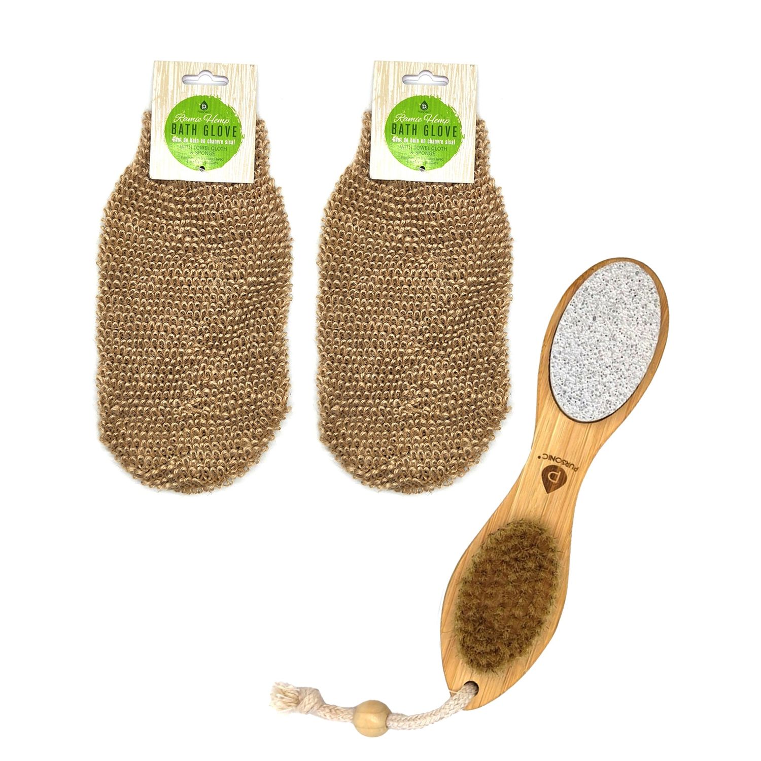 Sisal Hemp Bath Gloves 2-Pack + 4-in-1 Foot Scrubber Bundle – Exfoliate &amp; Refresh