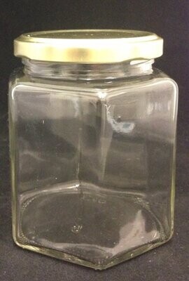 400 mL HEXAGONAL Glass Jar with 70mm GOLD Metal Twist Cap (57 Pcs)