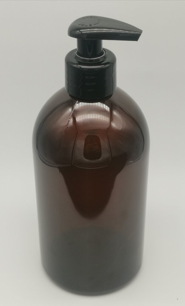 500mL Amber Squat Boston PET (Plastic) with 28/410 BLACK (non RIBBED) Lotion Pump