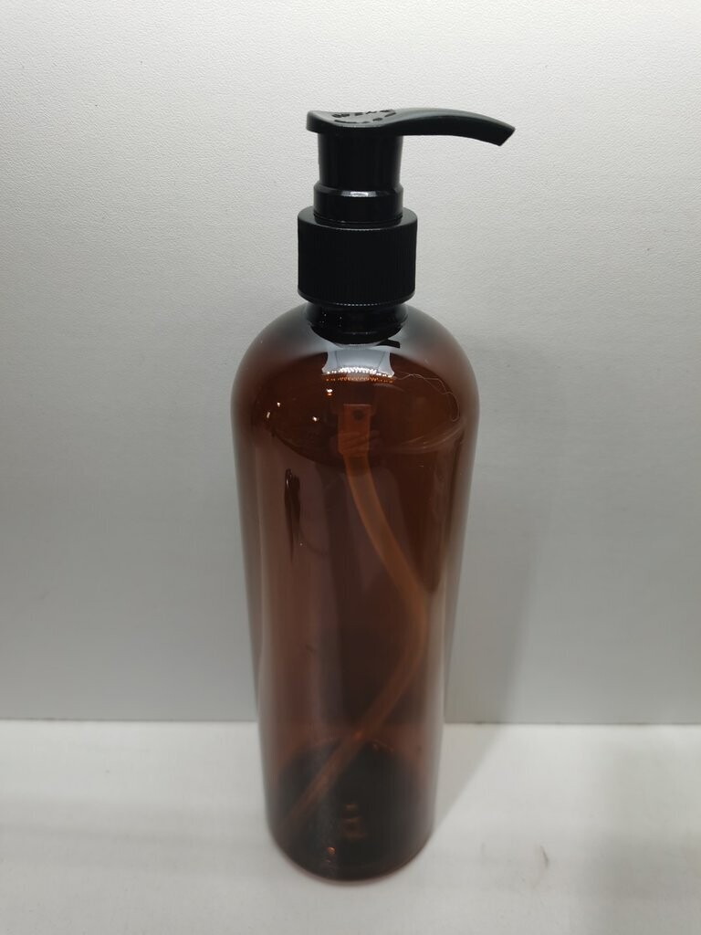 500mL Amber TALL PET (Plastic) 24mm Neck Bottle with 24mm Black (Ribbed) Lotion Pump - Single Buy