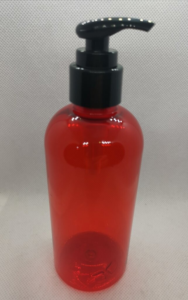 250mL Red Amber Boston PET (Plastic) with (RIBBED) 24/410 Lotion Pump