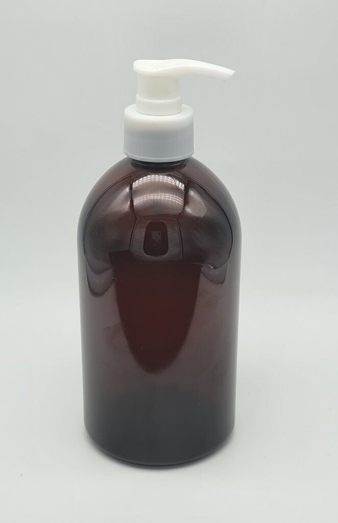 500mL Amber PET (Plastic) (Non Ribbed) 28/410 WHITE Lotion Pump 2mL Dispensing -