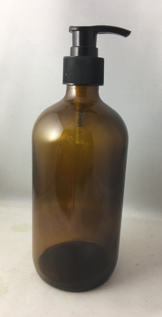 450mL Amber Boston Glass with Black (RIBBED) 28/410 Lotion Pump