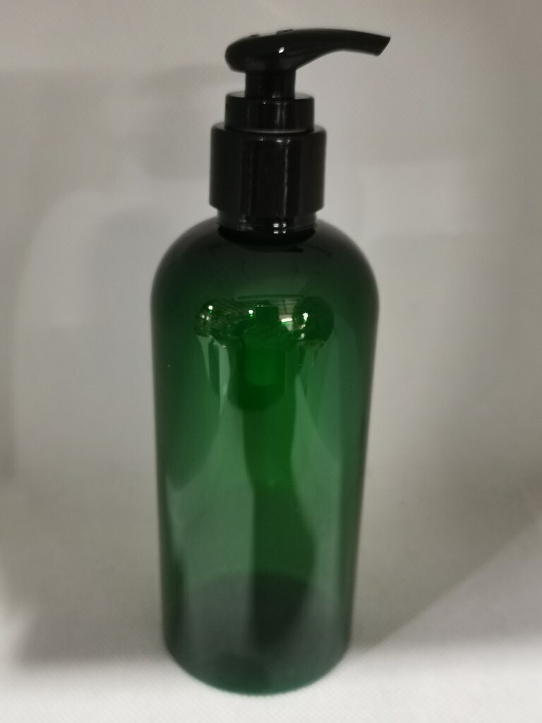 250mL GREEN l Boston PET(Plastic) Bottle with RIBBED 24mm BLACK Lotion Pump