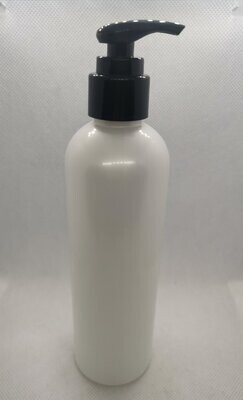 250mL Pearl White Tall Boston PET (Plastic) with RIBBED 24/410 BLACK Lotion Pump