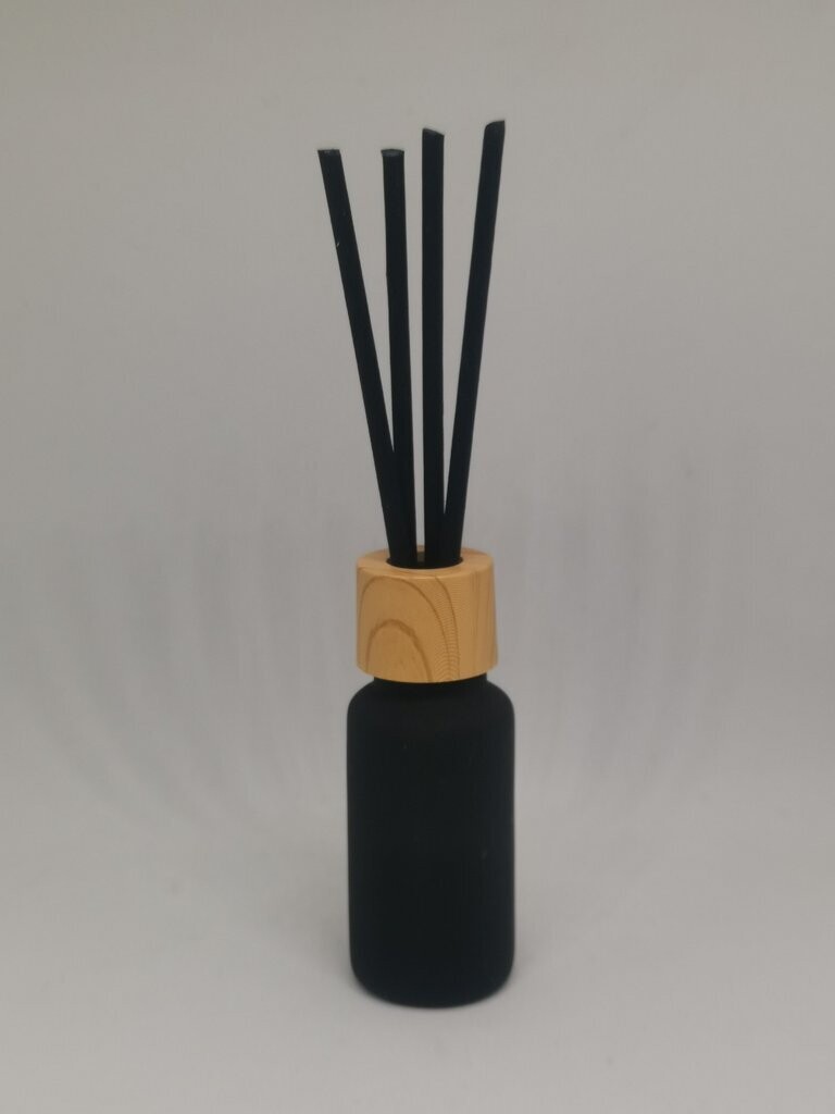 15ml Frost Black Diffuser Bottle with 18mm Timber Look Cap and Neck Plug &amp; 40 Black Reeds SET of 10