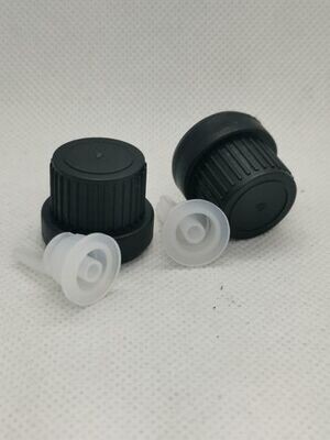 18mm BLACK Dripulator Tamper Caps (Euro Style) with Neck Insert FOR GLASS BOTTLES Only - PACK of 100