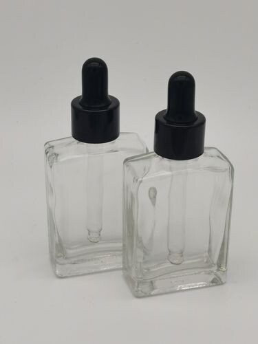 30ml Rectangle Clear Glass Dropper Bottle with Black Teat Black Gloss Cap & Dropper BULK 10 Pcs