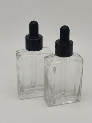 30ml Rectangle Clear Glass Dropper Bottle with Black Teat Black Gloss Cap & Dropper