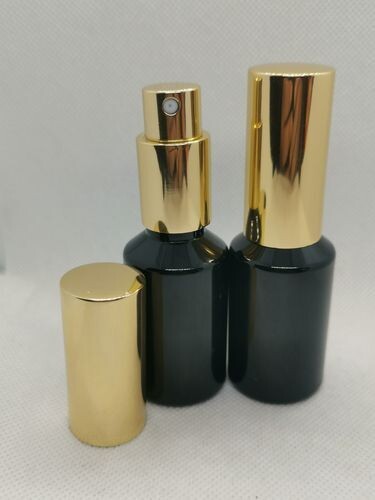 30ml BLACK PET (Plastic ♲) with Shiny Gold Atomiser - PACK of 10