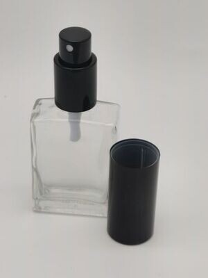 30mL Rectangular Clear Glass with Gloss Black Atomiser and Overcap - Single Buy