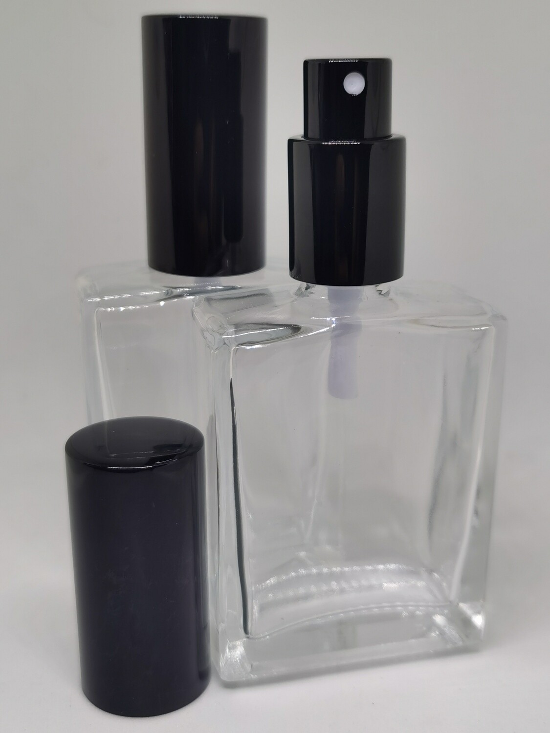 50mL Rectangular Clear Glass with Gloss Black Atomiser and Overcap