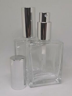 50mL Rectangular Clear Glass with Gloss Silver Atomiser and Overcap -Single