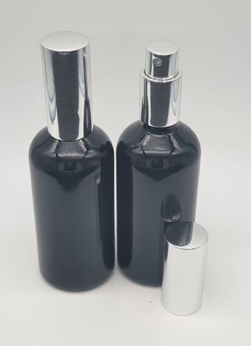 100ml SOLID GLOSS BLACK Boston 18mm Neck Bottle + GLOSS SILVER ATOMISER- Single