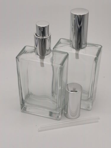 100ml Clear Glass Rectangle Perfume Bottle with 18mm GLOSS SILVER Atomiser - Pack of 10