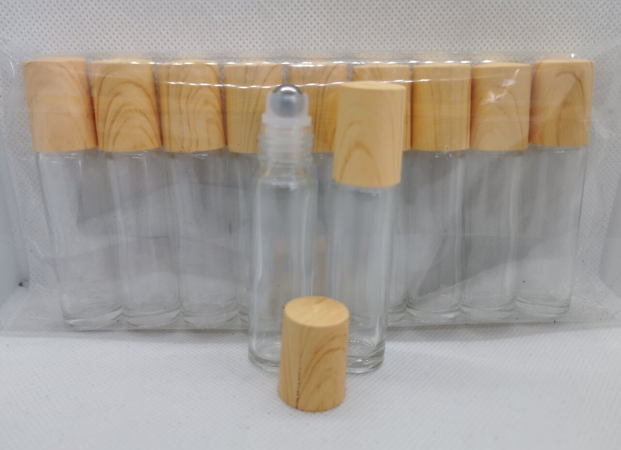 10ml Clear THICK GLASS with Metal Roller with Imitation Woodgrain Screw Cap - Pack of 18