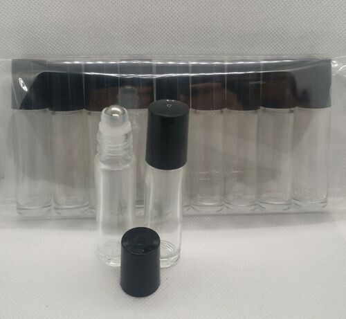 10ml Clear THICK GLASS with Metal Roller with Black Screw Cap - Pack of 18