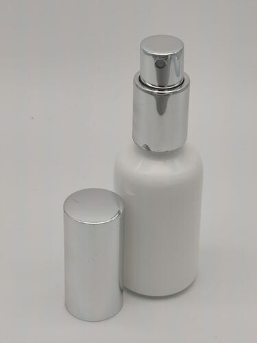 30ml White T/E Boston Round Glass Bottle (18mm neck) with Gloss Silver Atomiser