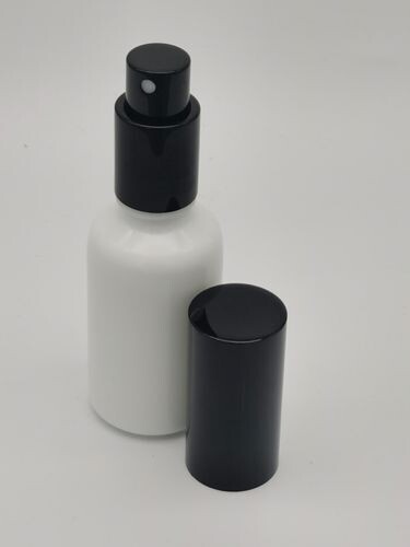 30ml White  T/E Boston Round Glass Bottle (18mm neck) with Gloss Black Atomiser