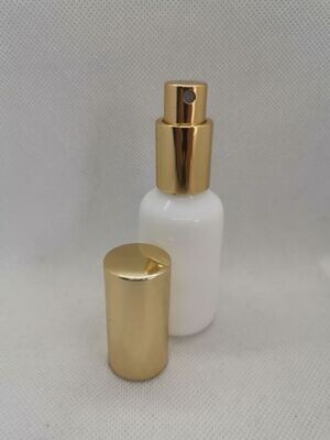 30ml Solid White T/E Boston Round Glass Bottle (18mm neck) with Gloss Gold Atomiser
