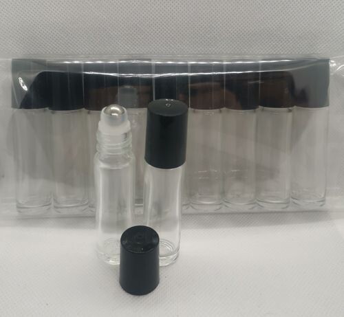 10ml Clear THICK GLASS with Metal Roller with Black Screw Cap - Pack of 9