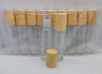 10ml Clear THICK GLASS with Metal Roller with Imitation Woodgrain Screw Cap - Pack of 9