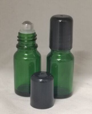 10ml Green Boston Glass Roll-on with Metal Roller Roller Ball and Black Cap - Pack of 10