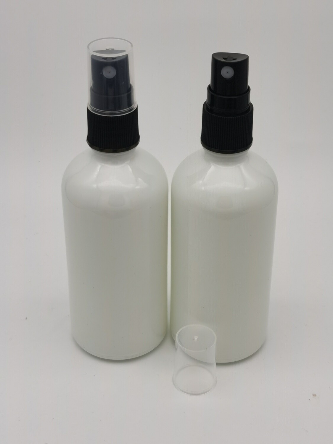 100ml White (Coated) Boston Round Glass Bottle (18mm neck) with Black Spritzer- BULK 10 Pcs